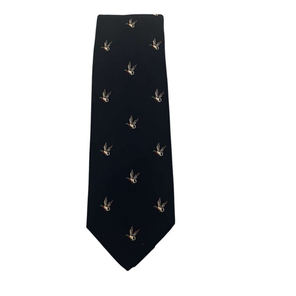 VTG Cromwell Houston Embroidered Ducks In Flight Print Dark Navy Blue Necktie